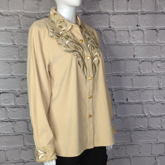 Bob Mackie Yellow Embroidered Button Down Top, Women's Small - Picture 3 of 9